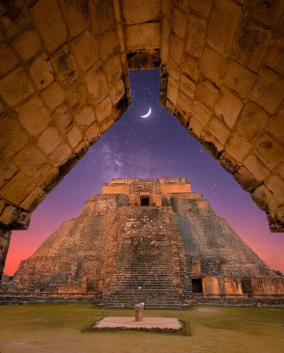 A Maya temple framed by a stone arch beneath a crescent Moon and a star-filled sky.